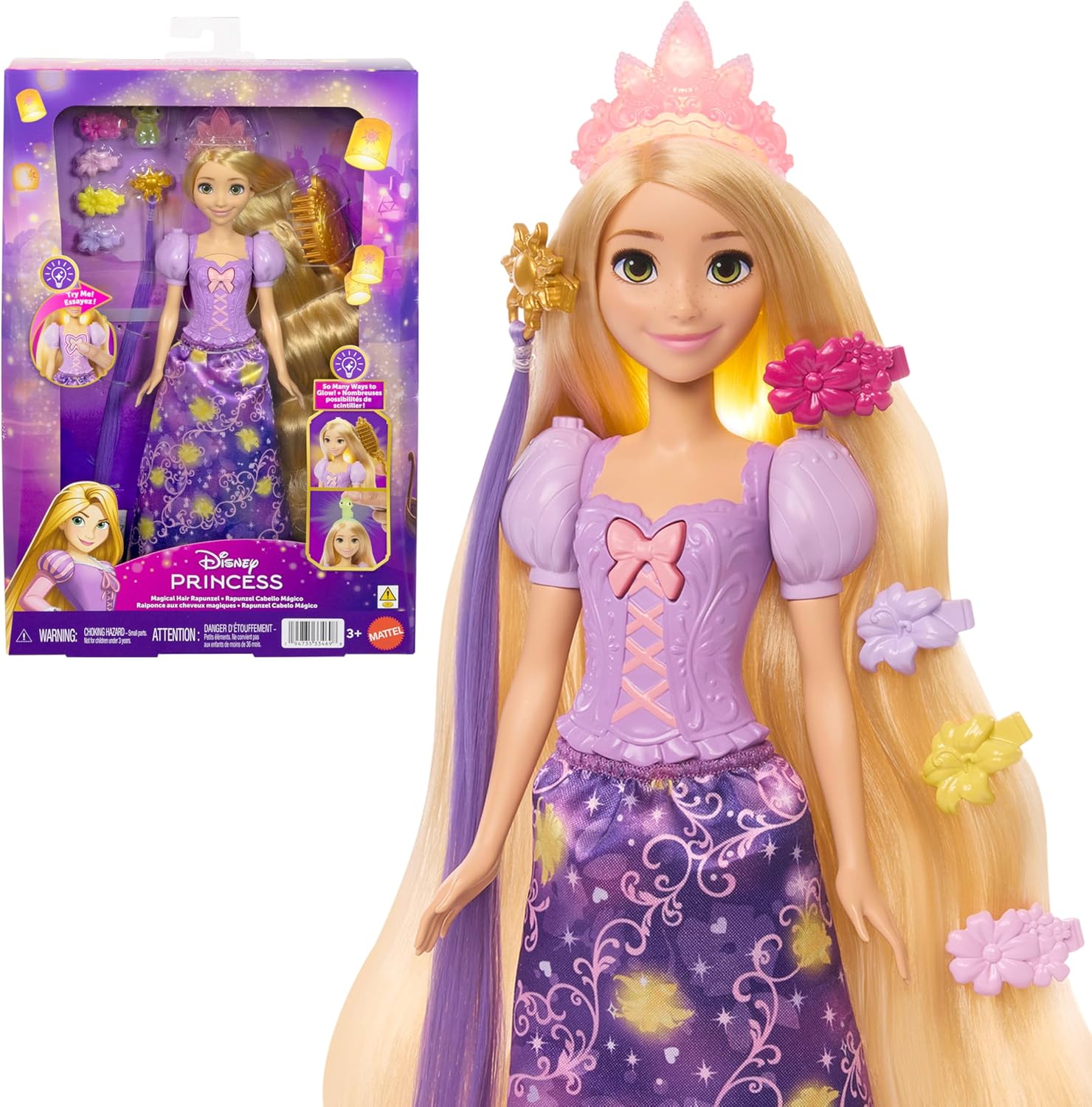 Mattel Işıklı saçlarıyla 'nin Karmakarışık filminden ilham alan Mattel Prensesi Rapunzel bebek, 4 parlayan ayrıntı, Pascal figürü ve 7 saç şekillendirme aksesuarı, JHL46 - Görsel 3