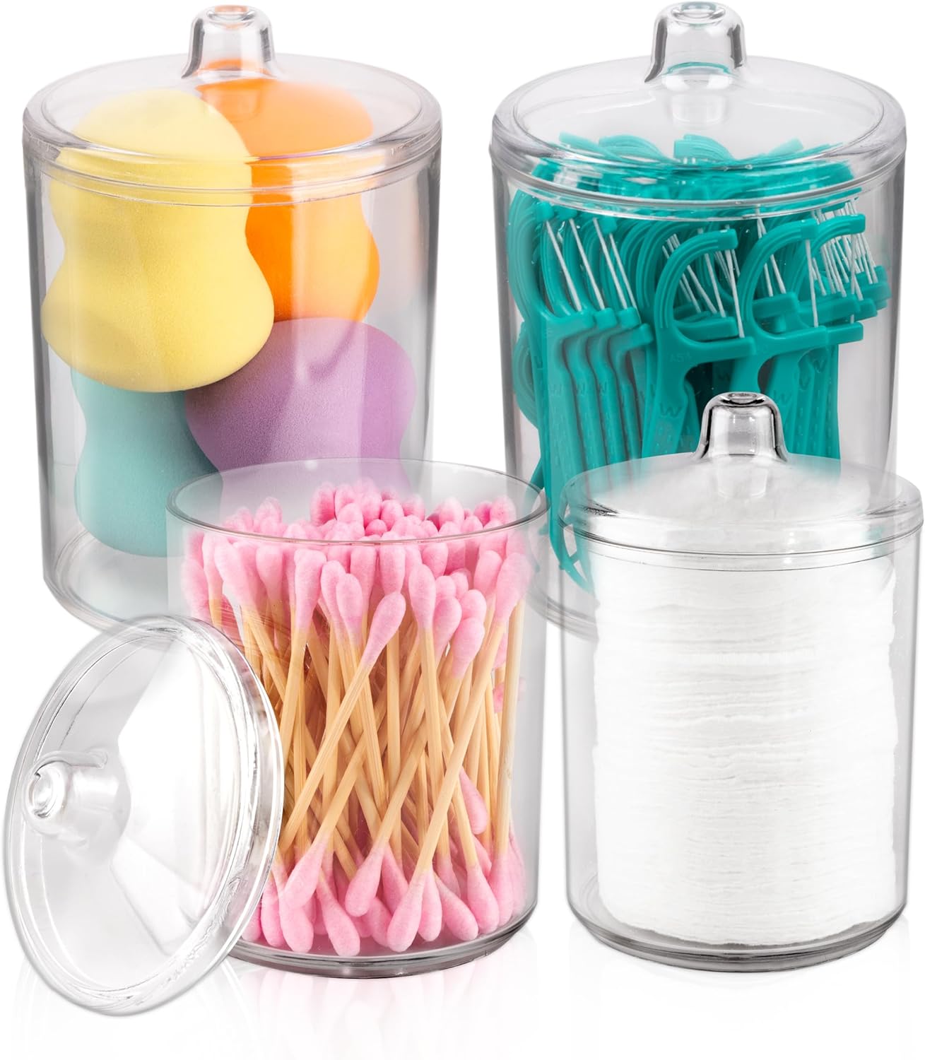Alternative view of Qtip Tutucu, Makyaj Makyaj Düzenleyici Depolama, Kapaklı Şeffaf Plastik Eczacı Kavanozları, Banyo Pamuklu Çubuk Dispenseri, 2x10oz ve 2x7oz, 4'lü Paket, Kahverengi Ahşap Kapaklar,