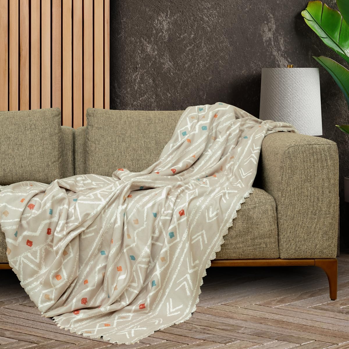 CONCEPT SoftMicro Boho Etnik Desenli Mikrofiber Koltuk Örtüsü ve TV Battaniyesi, Koltuk Şalı, Kaymaz Bej 130x180 cm