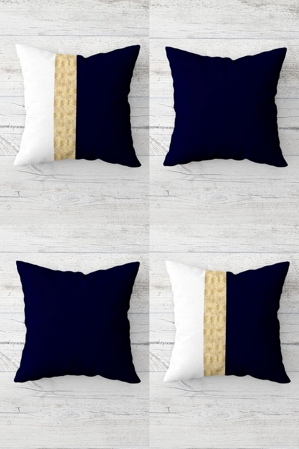 Gold Şeritli Ve Düz Desenli Gizli Fermuarlı Kırlent Kılıfı Koltuk Yastık Kılıfı Takım(4adet), Lacivert-Beyaz 45 x 45