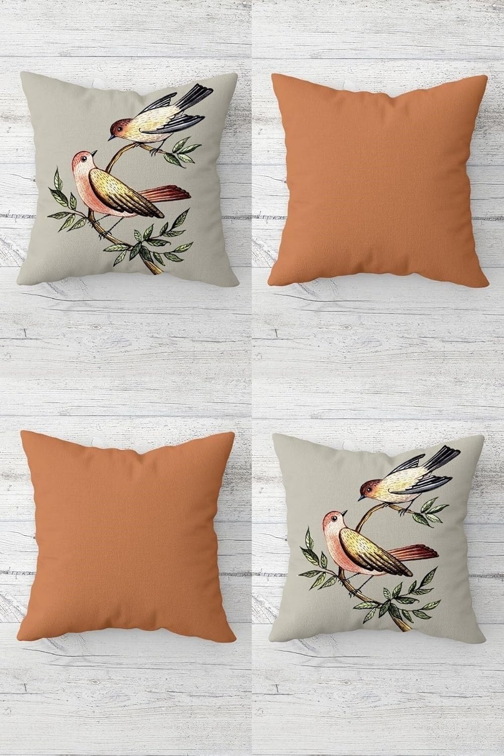 Bahar Dalında Kuşlar Vintage Desen Gizli Fermuarlı Kırlent Kılıfı Koltuk Yastık Kılıfı Takım(4adet), Gri-Somon 45 x 45