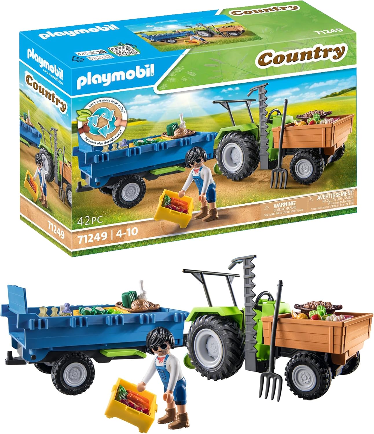 Playmobil Country 71249 Römorklu Traktör, Taşıma Kutuları Dahil, Organik Çiftlik İçin Yeşil Traktör, 4 Yaşından Büyük Çocuklar İçin Sürdürülebilir Oyuncak - Görsel 2