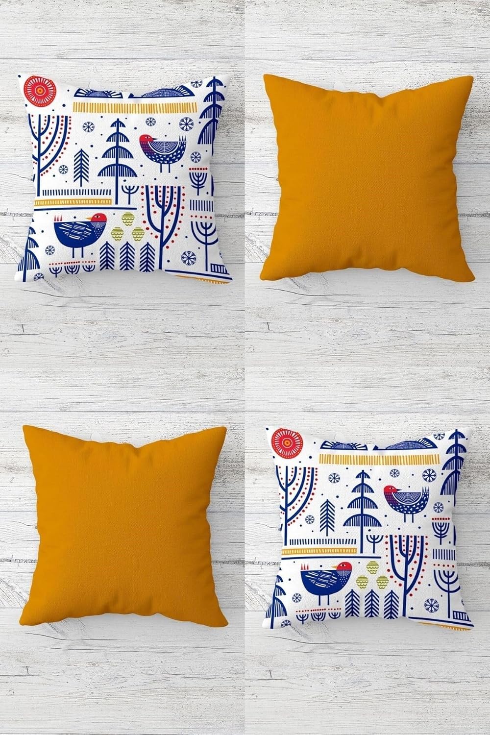 İskandinav Desen Modern Kuşlu Gizli Fermuarlı Kırlent Kılıfı Koltuk Yastık Kılıfı Takım(4ADET), Mavi-Beyaz-Hardal 45 x 45