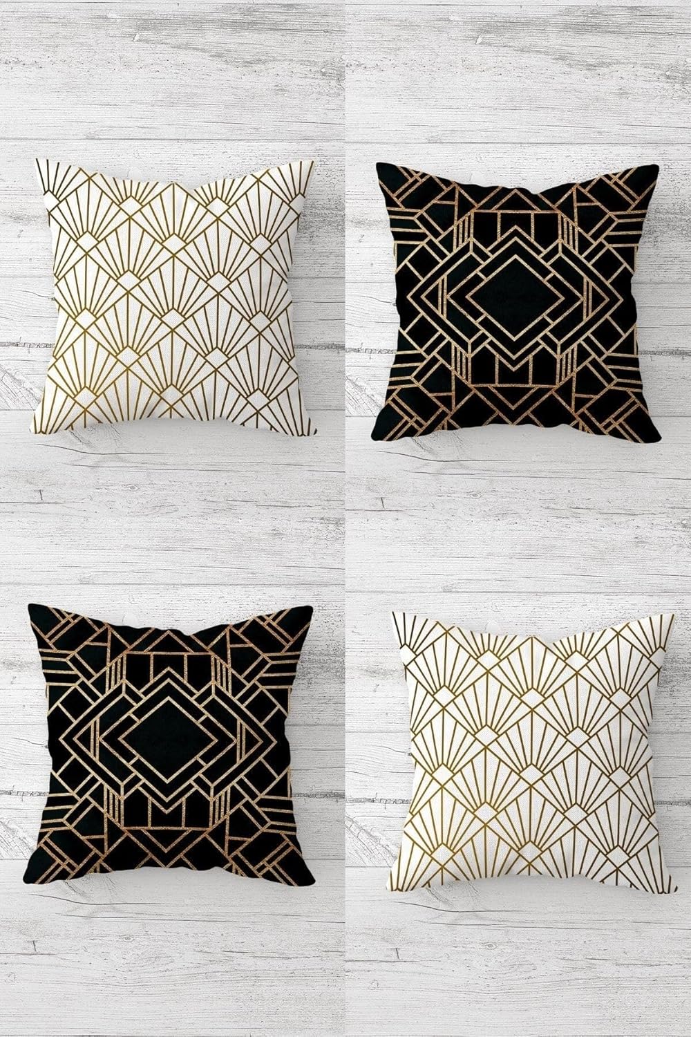 Gold Geometrik Çizgili Kombin Gizli Fermuarlı Kırlent Kılıfı Koltuk Yastık Kılıfı Takım(4adet), Gold-Siyah-Beyaz 45 x 45
