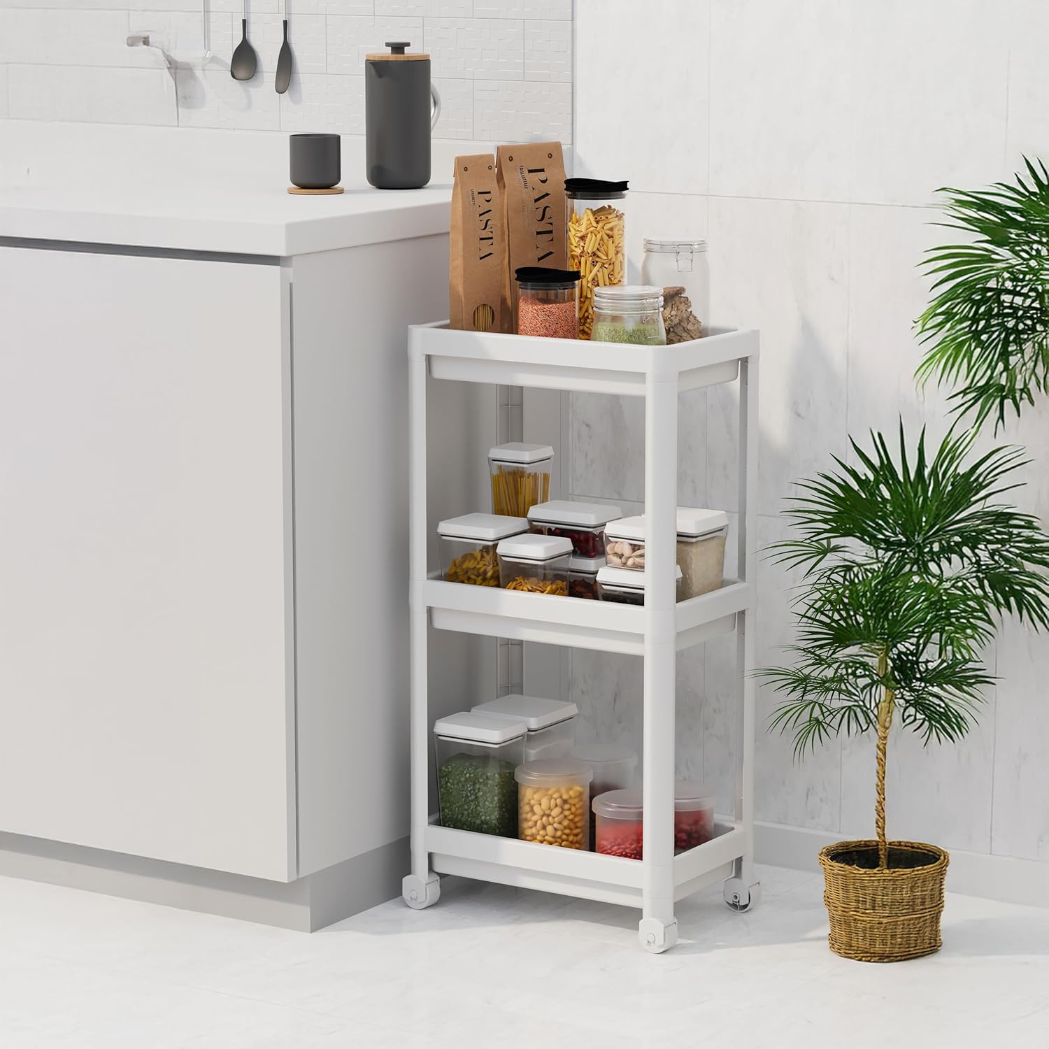 Peggy 3 Katlı Tekerlekli Raf Ünitesi - 36x71x23 cm Dar Alan Düzenleyici - Mutfak ve Banyo İçin Aletsiz Kurulum Servis Arabası (Beyaz - Siyah - Gri) (BEYAZ)